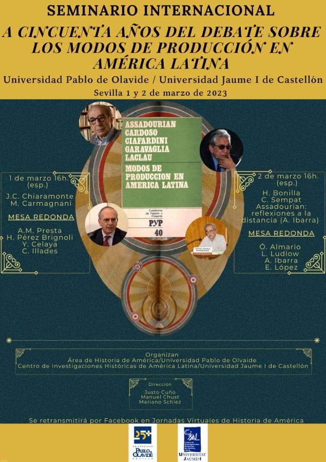 Cartel de presentación del Seminario Internacional. Aparecen los principales ponentes: Chiaramonte, Carmagnani, Bonilla...