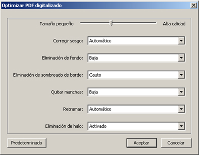 Cuadro de configuración de optimización de PDF