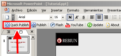 Opción Quick Publish seleccionada y señalizada con flecha