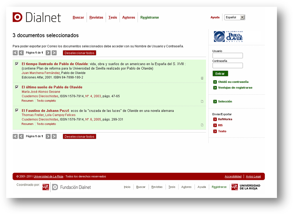 Descarga de resultados en Dialnet