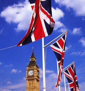 big ben and union jack flags, london,