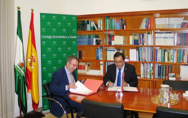 El rector de la UPO, Vicente Guzmán, y el presidente del Consejo Económico y Social de Andalucía, Ángel Gallego