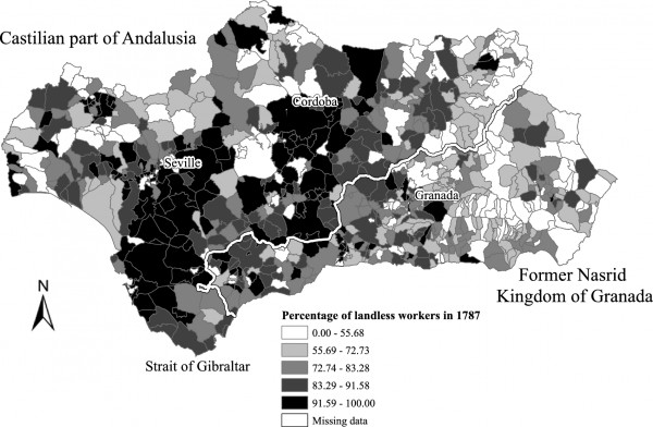 Andalusia, the frontier of Granada and the percentage of landless workers in 1787.