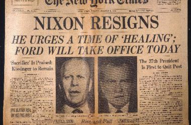 'NIXON RESIGNS': NEWSPAPER. Front page of the New York Times, 9 August 1974.