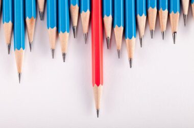 ilustración sobre la educación: lápices de color azul con un rojo destacado