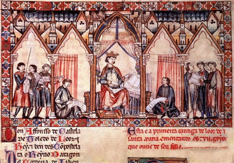 Miniatura medieval con Alfonso X el Sabio