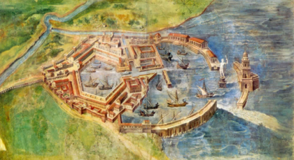 recreación del antiguo puerto de la ciudad clásica de Roma