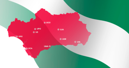Mapa de Andalucía con los acrónimos de las universidades andaluzas
