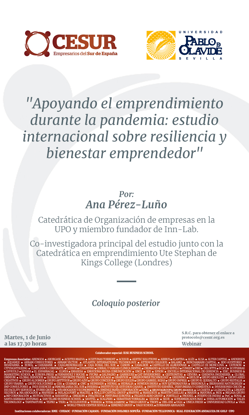 Webinar Ana Pérez-Luño: «Apoyando el emprendimiento durante la pandemia: estudio internacional sobre resiliencia y bienestar emprendedor»
